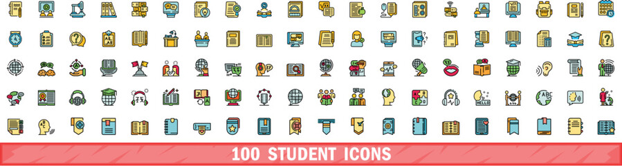 100 student icons set. Color line set of student vector icons thin line color flat on white
