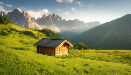 Fototapeta premium Alpine Serenity: Discovering Tranquility in a Mountain Hut amidst Majestic Peaks. Generative AI.