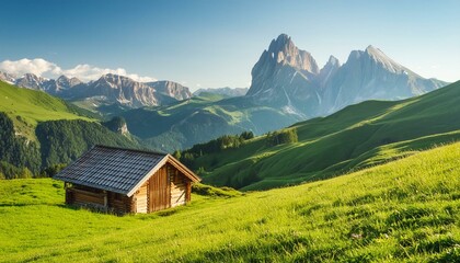 Obraz premium Alpine Serenity: Discovering Tranquility in a Mountain Hut amidst Majestic Peaks. Generative AI.