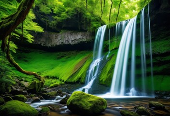 Fototapeta premium serene waterfall cascading vibrant green forest setting, tranquil, lush, nature, peaceful, flow, trees, foliage, environment, landscape, stream, river