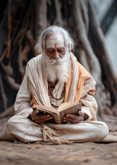 An old devout Hindu man reads prayers from a book at the temple, displaying devotion in a spiritual moment. Engaging in religious rituals, the man demonstrates faith and piety in a sacred setting