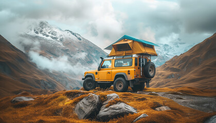 A yellow off-road vehicle with rooftop tent parked on cliff overlooking majestic mountain scenery at sunset. Adventure camping in wilderness with breathtaking views of rugged peaks and dramatic clouds