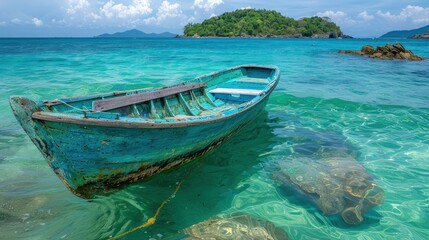 Naklejka premium Serene Ocean Scene with Old Blue Boat