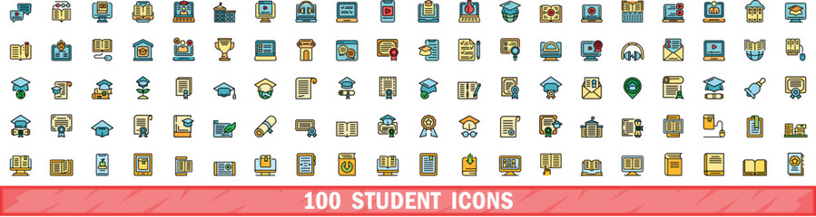 100 student icons set. Color line set of student vector icons thin line color flat on white