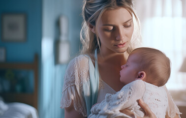 Beautiful portrait of calm young woman hugging little baby child while it sleeping on mother's breast litted soft light. Mental health, motherness, kids' beauty and lifestyle concept image.