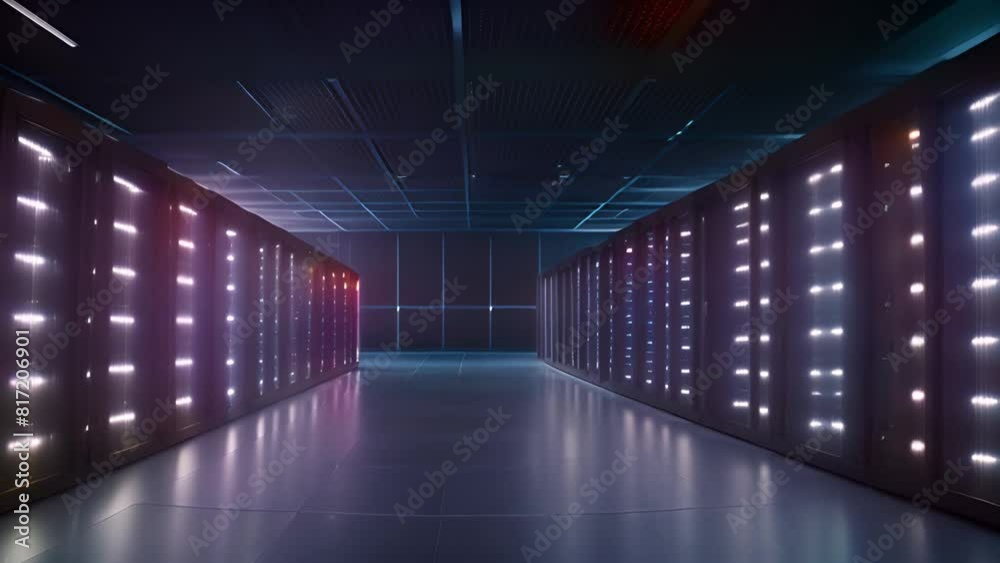 Poster many rows of servers in a server room generative ai