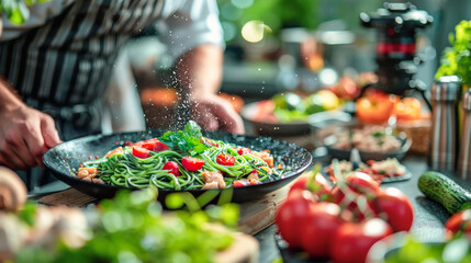 Chef preparing green spinach alternative noodles with tomatoes in gourmet kitchen . Good for culinary recepies and helthy food articles.