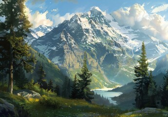 Craft tranquil mountain scenes with majestic peaks, verdant forests, and serene lakes, depicting various ranges like the Swiss Alps, Rockies, or Himalayas.