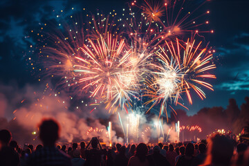 Large crowd watching an impressive firework display at a summer fair, with a blurred background.. AI generated.