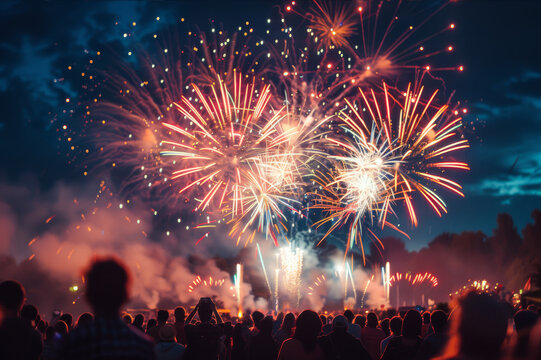 Large crowd watching an impressive firework display at a summer fair, with a blurred background.. AI generated.
