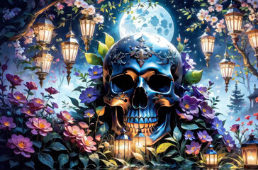 A gloomy night with a big moon, a skull and flowers.