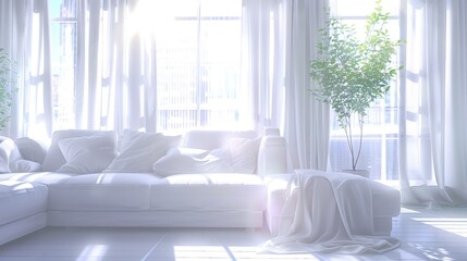 Fototapeta premium a living room flooded with pure white daylight, offering a serene and inviting atmosphere from an interior perspective.