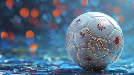 A visually striking 3D rendering of a soccer ball with intricate digital circuitry patterns, symbolizing the fusion of sports and advanced technology