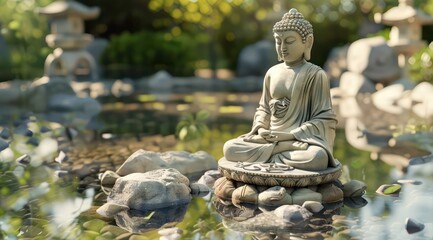 buddha statue surrounded by water and small rocks