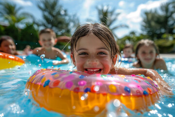 Kids enjoying a lively pool party, with colorful floaties and joyful splashes.. AI generated.