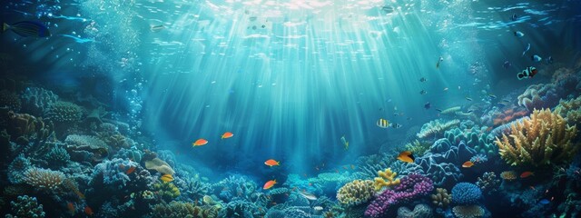A calming, underwater background with fish, corals, and gentle waves.