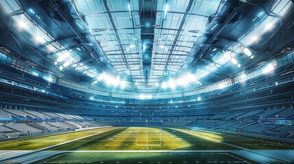 Fototapeta premium Indoor dome stadium, American football, modern, TV camera angle. Super dome. Glass ceiling. Generative AI.