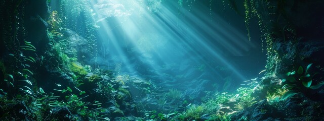 Obraz premium A calming, underwater cave background with mysterious aquatic plants and gentle light rays.