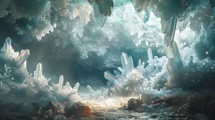 Crystalline formations emerge from the depths of a subterranean cavern, their intricate beauty...