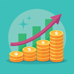  Business growth illustration for smart investment concept. Profit performance or income with pile coins symbol of return on investment ROI