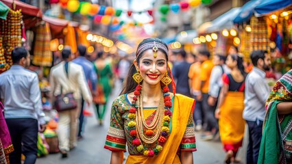 A Young Woman in Colorful Clothes Enjoys a Cultural Fair