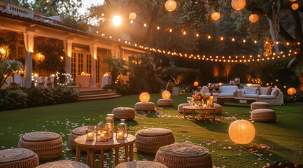 A Cocktail party decor ideas wedding outdoor lawn. Generative AI.