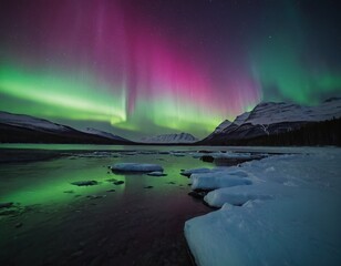 Fototapeta premium The Dance of Pink\and Green: Breathtaking Aurora Borealis Fills the Night Sky