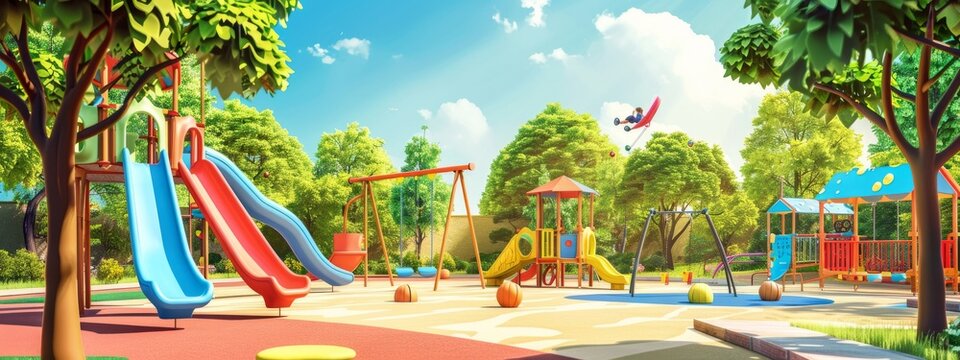 A cheerful, children's playground background with swings, slides, and playful colors.
