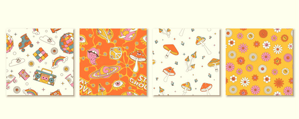 Naklejka premium Set of four colorfull seamless groovy patterns, daisy, mushrooms, disco, psychedelic, 1970s hippie endless wallpaper, background, banner