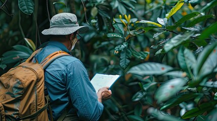Fototapeta premium A man wearing a hat and a backpack is reading a map. He is in a forest and he is lost