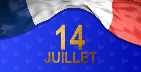 France Independence Greeting. 14 July Happy Bastille day greeting card with colorful flying confetti and national flag of of France. Red, white, blue design with blurred rays.