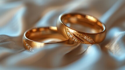A pair of golden wedding rings placed on white fabric, symbolizing the commitment and love shared between two people in their new life together. Generative AI.