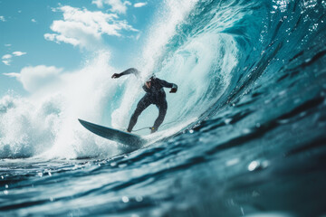 Surfers skillfully catching large waves at a sunny beach, exuding thrill and expertise.. AI generated.