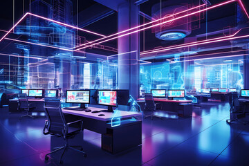 Modern neon cyberpunk open space office interior blurred with information technology overlay. Corporate strategy for finance, operations, marketing. Tables with computers for work. Technology