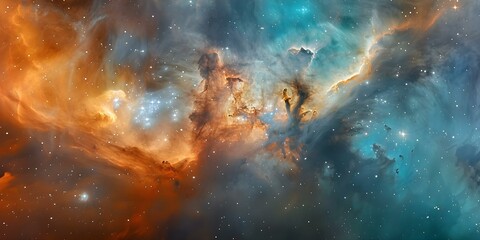 Obraz premium Captivating cosmic tapestry: Nebulae, stars, and interstellar clouds in celestial splendor. Concept Astrophotography, Cosmic Landscapes, Celestial Wonders, Nebula Photography