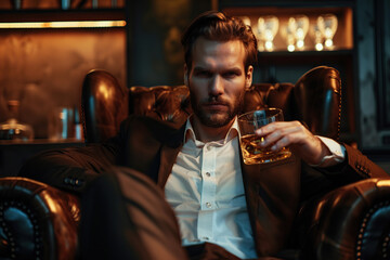 Attractive businessman sitting in armchair and drinking expensive whiskey