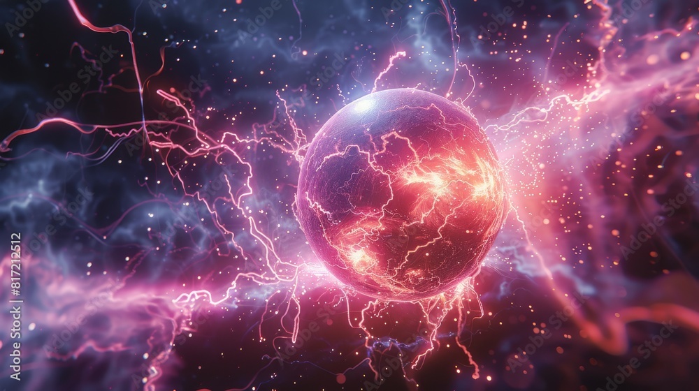 Poster a scene of a plasma ball, with a background of particles of light and electricity. generative ai.