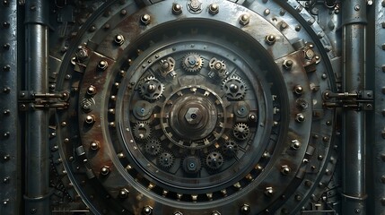 A massive bank vault door, adorned with intricate gears and a combination lock.