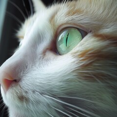 close up of a cats head with big green eyes 