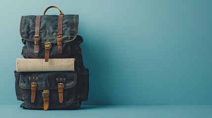A backpack with a map and a book inside. The backpack is on a blue background. The backpack is a symbol of adventure and exploration