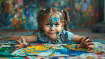 little artist proudly displaying their painted hands, smiling brightly