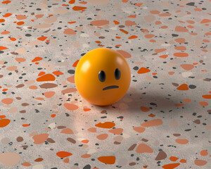 A minimalist 3D  of a single yellow amused emoji on a speckled terrazzo texture background.