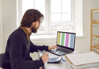Focused Caucasian business man auditor with beard and mustache looks at laptop with financial...