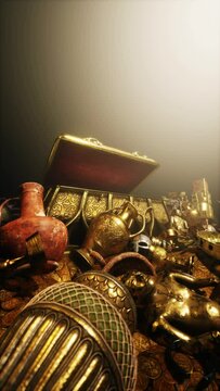 A variety of golden items and jewelry scattered abundantly on a dark table, resembling an old treasure trove.