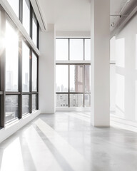 Fototapeta premium Empty City Penthouse Corner with Sky-rise Views and Large Open Windows - Crisp White Neutral Color Tones with Large Amounts of Natural Sunlight Flooding In - Modern and Minimalist Concrete Floors