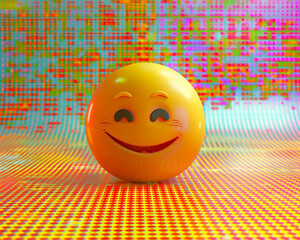 A minimalist 3D  of a single yellow elated emoji on a digital pixel texture background.