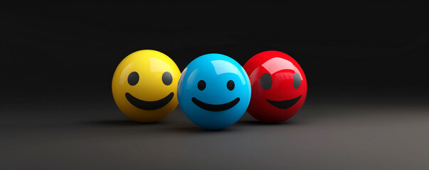 A minimalist 3D  of three emojis: a yellow smiling, a blue pensive, and a red joyful emoji, all on a solid black background.