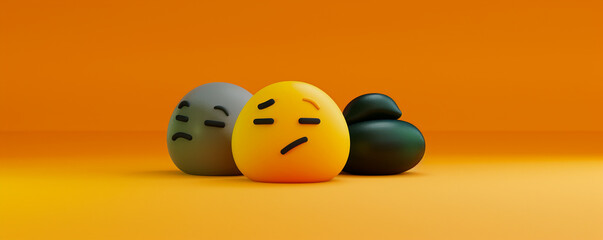 A minimalist 3D  of three emojis: a yellow flirty, a slate shy, and a dark green sleeping emoji, all on a solid orange background.