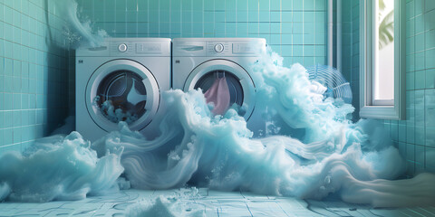 Washing machine drum with clean water flow and splashes for laundry or washing powder concept human