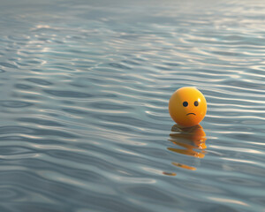 A minimalist 3D  of a single yellow melancholic emoji on a rippled water surface texture background.